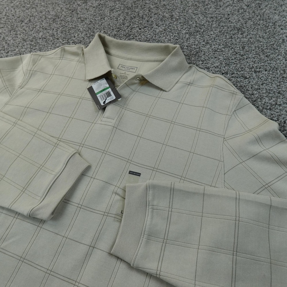 NEW Van Heusen Polo Shirt Mens L Beige Flex Long Sleeve Check Knit Casual Preppy